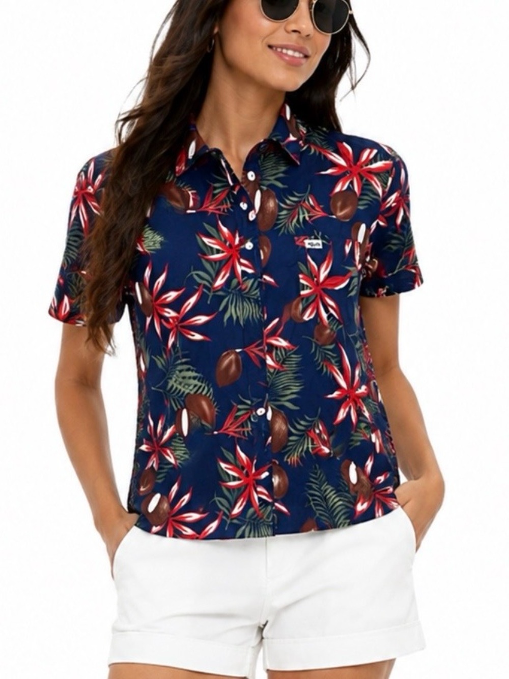 Vintage Tahitian Shirt Navy Tropical Floral Coconut Polynesian Retro Resort S